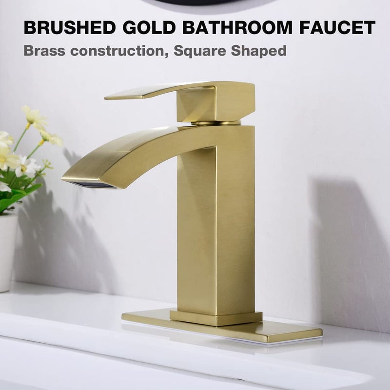 TRUSTMI Single Hole Bathroom Faucet Brass Square Waterfall Bathroom Sink Faucet with 6" Deck Plate and Overflow Drain, Brushed Gold - Image 2